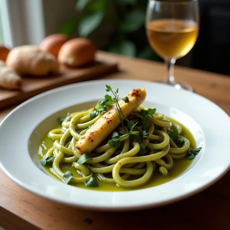 Plato blanco con tallarines de calabacín frescos cubiertos de un pesto cremoso de espinacas y almendras, decorado con tomates cherry cortados y hojas de albahaca. Receta italiana crudivegana y sin lácteos.