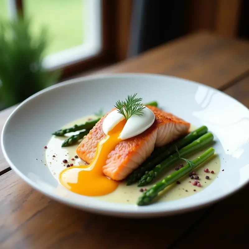 Plato blanco elegante con Peterburg de Salmón y Espárragos: filete de salmón dorado coronado por un huevo escalfado, rodeado de espárragos trigueros verdes y bañado en salsa cremosa de eneldo, decorado con pimienta rosa y cebollino.