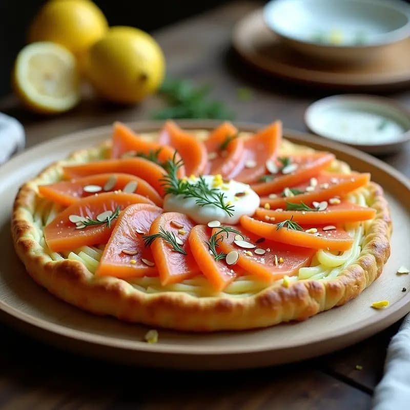 Petteri finlandés de salmón ahumado y patata sin harina, tarta dorada con base crujiente de patata rallada, relleno cremoso de queso fresco y eneldo, y topping de láminas de salmón ahumado y almendras fileteadas, servida en molde redondo sobre tabla de madera rústica.