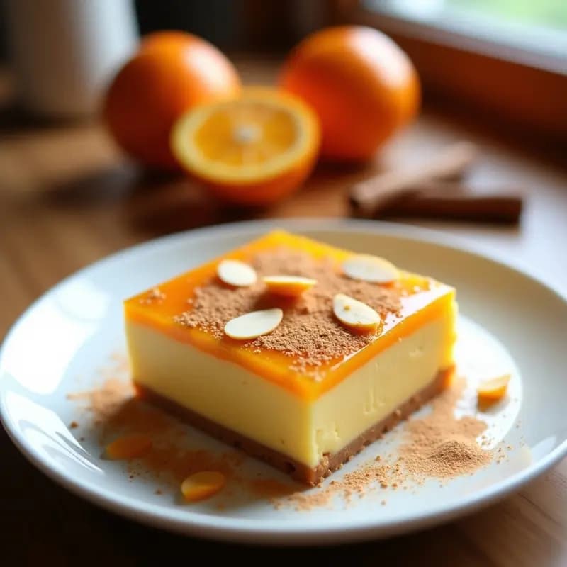 Copas de cristal transparente rellenas de Péz de Fruta Portugués de naranja y canela, con una textura cremosa y brillante, decoradas con almendras fileteadas y rodajas de naranja. Al fondo, ramas de canela y cáscaras de naranja como elemento decorativo, resaltando el postre tradicional portugués sin horno.