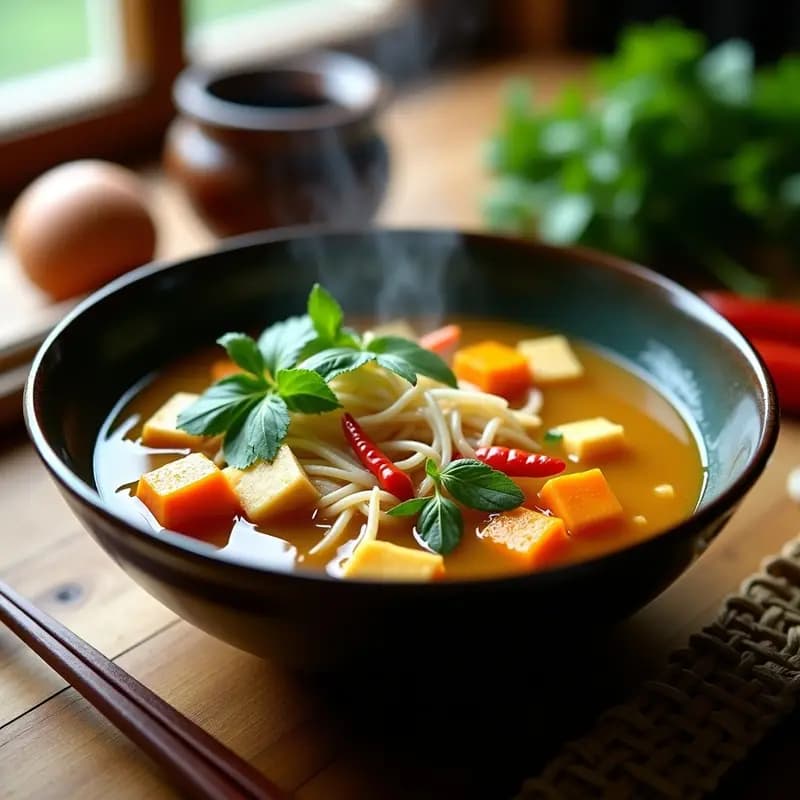 Cuenco hondo de cerámica oscura con Pha Lau vietnamita de calabaza, fideos de arroz gruesos, tofu dorado y hierbas frescas como cilantro y menta. Caldo dorado y aromático con trozos de calabaza asada y rodajas de chile rojo. Fondo rústico de madera con utensilios de cocina vietnamitas.