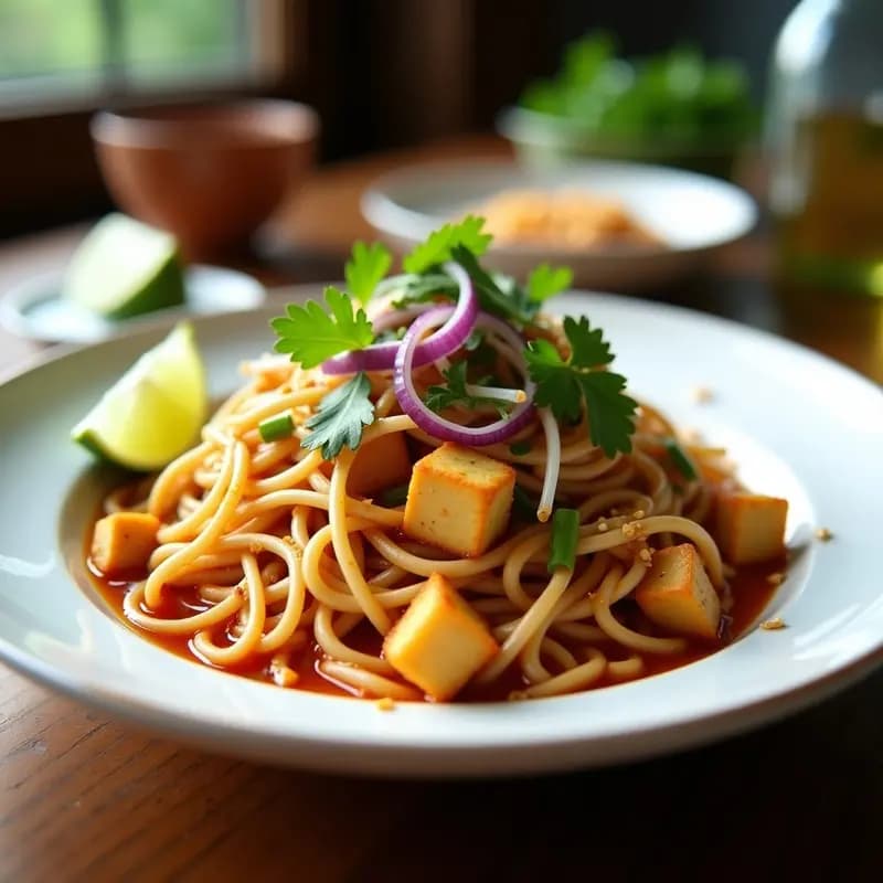 Phad Thai de fideos de konjac y tofu en wok, con brotes de bambú, germinados de soja, cacahuetes tostados y cilantro fresco. Plato tailandés keto y sin gluten, servido en un bol blanco con rodaja de lima.
