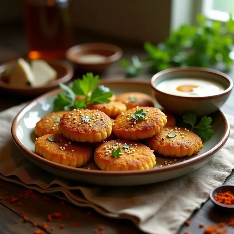 Phalafel de garbanzos al horno dorados y crujientes dispuestos en un plato de cerámica blanca, acompañados de un bol de salsa de yogur cremosa con hierbas frescas y semillas de sésamo espolvoreadas. Receta Middle Eastern saludable.