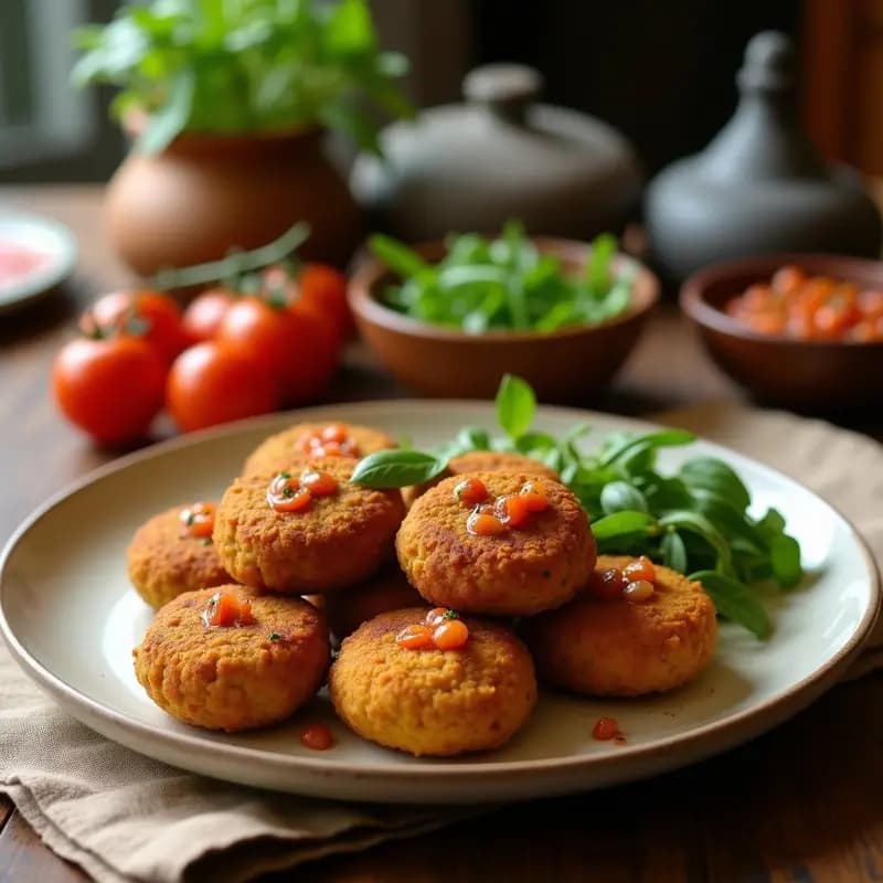 Plato rústico de madera con phalafel de garbanzos negros crudiveganas, bañadas en salsa de granado cremosa, decoradas con semillas de sésamo y granada fresca. Presentación vibrante con hojas de perejil al fondo, estilo libanés tradicional.
