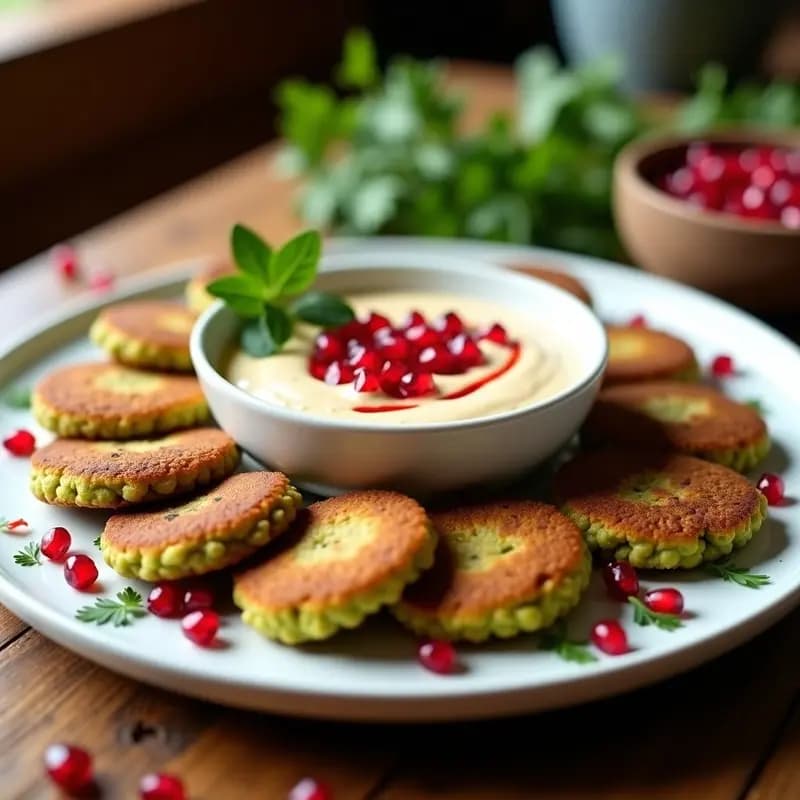 Phalafel de garbanzos verdes dorados y crujientes dispuestos en círculo sobre plato de cerámica blanca, acompañados de salsa cremosa de tahini con semillas de granada rojas y hojas de perejil fresco, receta libroanesa sin gluten.