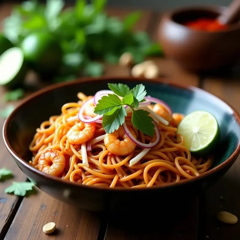 Plato hondo de cerámica oscura con Phao Thai laosiano: fideos de arroz dorados salteados con camarones rosados, trozos de huevo, cebolla morada, brotes de soja y cacahuetes tostados espolvoreados. Decorado con hojas de cilantro y gajos de lima al lado. Fondos de especias y hierbas frescas.