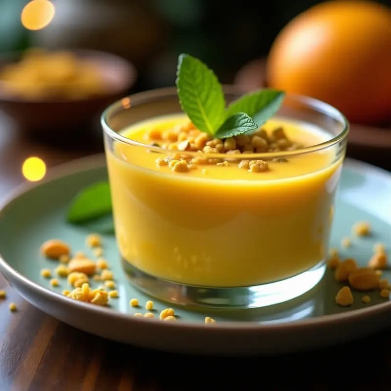 Phirni de mango y cardamomo servida en copa de cristal transparente, con capas cremosas de color amarillo intenso, decorada con pistachos picados y hoja de menta, sobre fondo rústico de madera oscura.