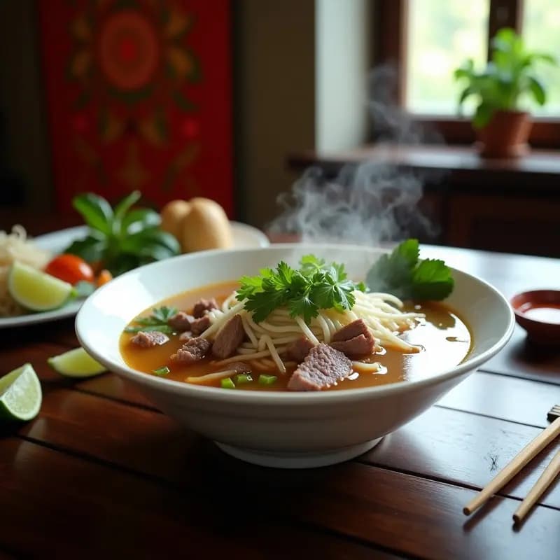 Bol hondo de cerámica blanca con Pho Bo Vietnamita: caldo dorado transparente, fideos de arroz blancos, rodajas finas de carne de res, brotes de soja, hierbas frescas (cilantro y menta) y limón verde al lado. Plato tradicional vietnamita reconfortante.