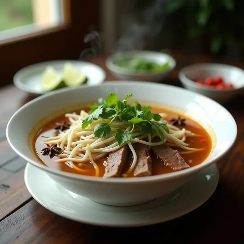 Bol hondo de cerámica blanca con pho bo vietnamita de ternera y estrellas de anís, caldo dorado aromático, fideos de arroz, trozos de carne tierna, brotes de soja, albahaca tailandesa, cilantro y rodajas de lime. Fondos de especias como anís estrellado y jengibre.