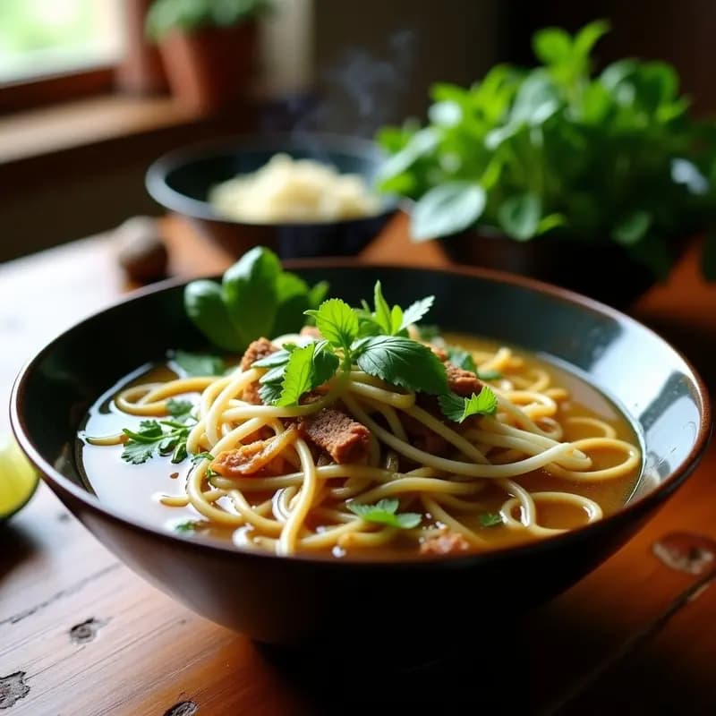 Cuenco hondo de cerámica oscura con pho bo vegano: caldo dorado y humeante, fideos de arroz gruesos, láminas de seitán, brotes de soja y hierbas frescas (cilantro, menta, perilla) en la superficie. Acompañado de gajos de limón, salsa hoisin y sriracha en pequeños platos laterales. Fondo borroso de mesa de madera con especias al lado.