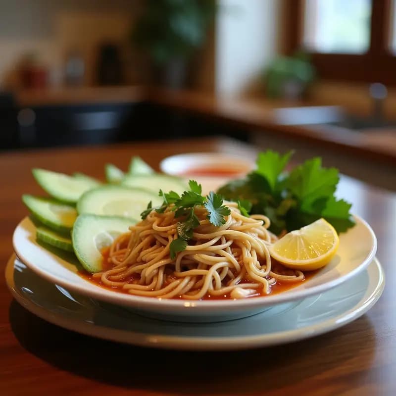 Tazón hondo de cerámica blanca con Pho Bo vietnamita: caldo dorado transparente, fideos de arroz blancos, rodajas finas de carne de res, brotes de soja, hierbas frescas como menta, cilantro y albahaca, rodajas de lima y chiles rojos al lado. Plato tradicional vietnamita con texturas sedosas y colores vibrantes.