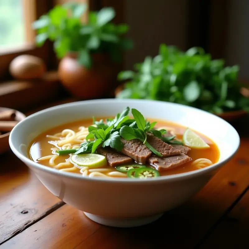Bowl hondo de cerámica blanca con Phở Boeuf: caldo dorado y transparente, fideos de arroz, rodajas de ternera boeuf, hierbas vietnamitas frescas como cilantro y menta, brotes de soja y gajos de limón, sobre fondo de madera rústica.