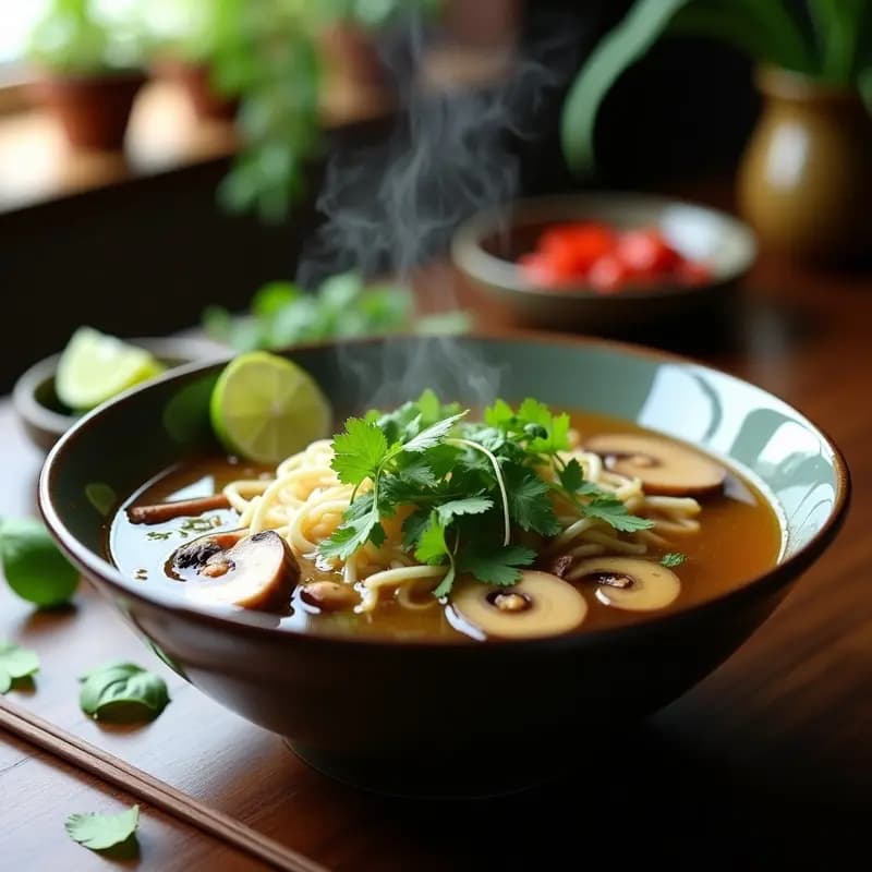 Bol hondo de cerámica blanca con Phở vegano: fideos de arroz sumergidos en caldo dorado, champiñones Portobello en láminas doradas, brotes de soja frescos, cilantro y menta. Fondos de especias tostadas y rodajas de limón al lado.