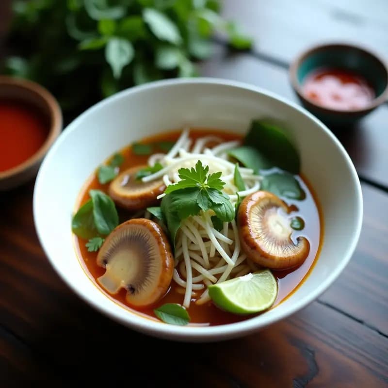 Bol hondo de cerámica oscura con Phở de Champiñones Portobello vegano, fideos de arroz negros, láminas doradas de portobello, brotes de soja, albahaca tailandesa y cilantro fresco. Caldo aromático con especias visibles. Gajos de limón al lado sobre mesa de madera rústica.