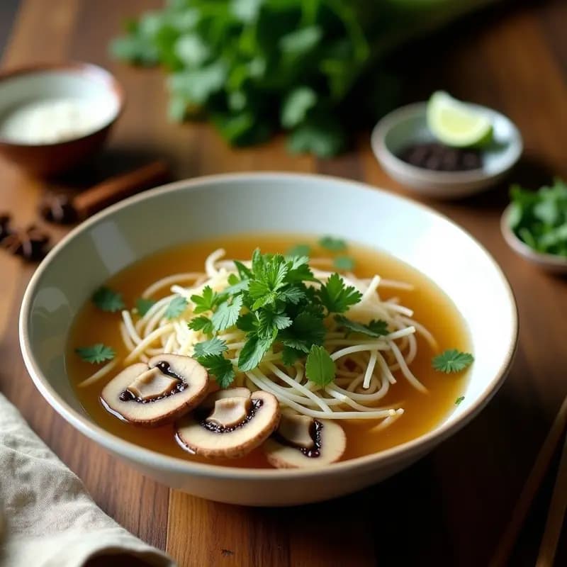 Cuenco hondo de cerámica blanca con Phở vegano light: caldo dorado transparente, láminas de champiñones Portobello, fideos de arroz, brotes de soja y hierbas frescas (cilantro, menta y limoncillo). Rodaja de limón verde y pimienta negra al lado. Fondo de madera rústica con especias vietnamitas (anís estrellado, canela).