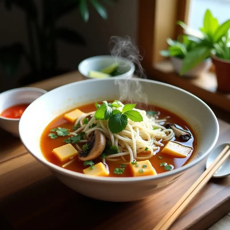 Cuenco hondo de cerámica blanca con Phở de champiñones y tofu vegano, lleno de fideos de arroz, trozos de tofu dorado, champiñones shiitake y portobello, brotes de soja, cilantro y menta fresca, sobre fondo de madera rústica con cucharones de salsa sriracha y limón al lado.