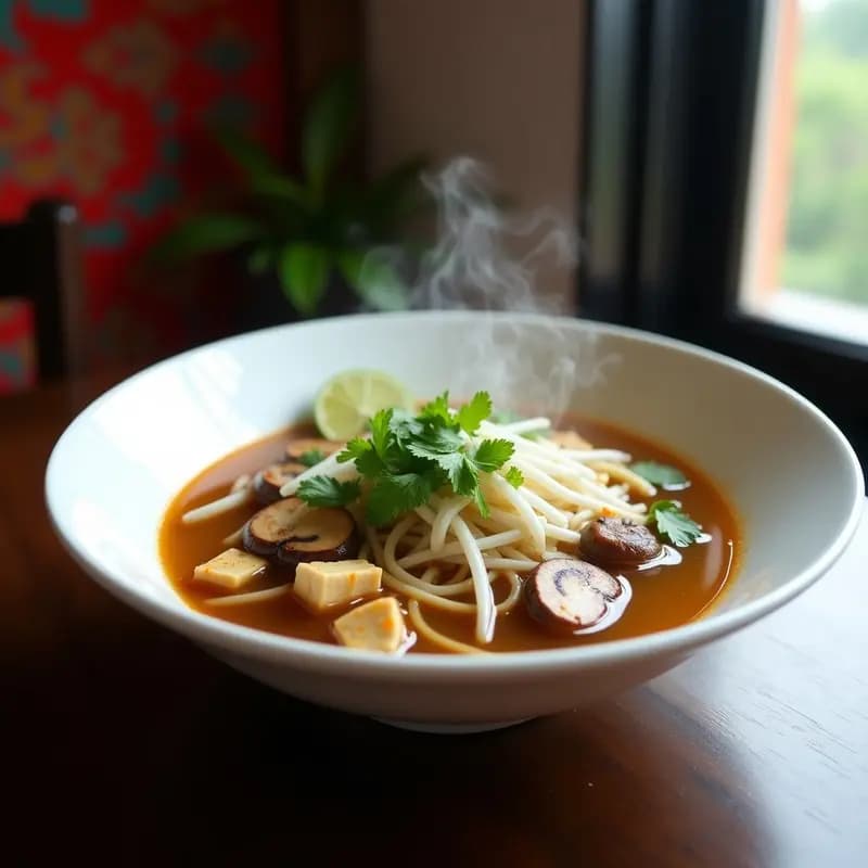 Cuenco hondo de cerámica blanca con pho vegano depurativo: caldo dorado y aromático con fideos de arroz, láminas de champiñones portobello, tofu dorado, brotes de soja, cilantro fresco y gajos de limón. Plato tradicional vietnamita en versión vegana y saludable.