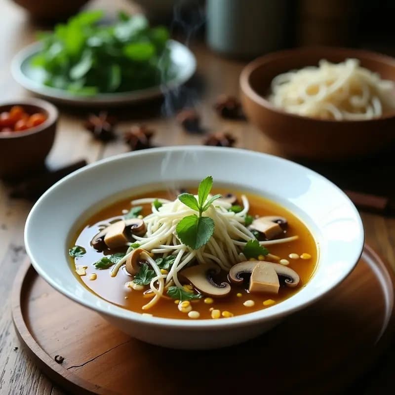 Cuenco hondo de cerámica blanca con Pho Vietnamita de Champiñones vegano sin fideos, lleno de láminas de champiñones portobello, shiitake y ostra en un caldo dorado y aromático, decorado con brotes de soja, cilantro fresco, menta y un hilo de aceite de sésamo tostado. Fondo de mesa de madera con especias y hierbas frescas.