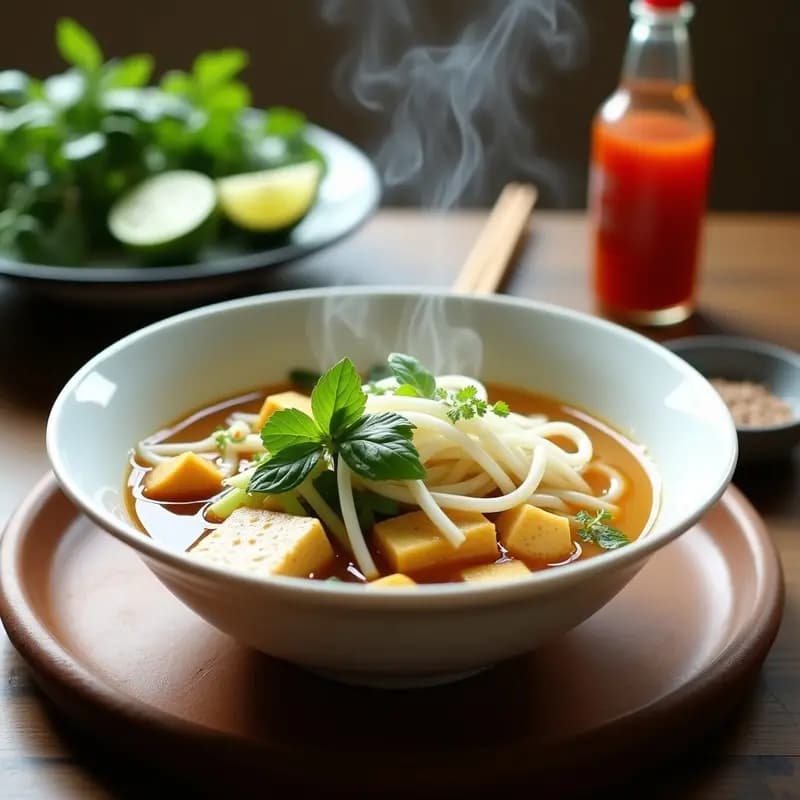 Bowl hondo de cerámica blanca con Phở Chay vietnamita vegana: caldo dorado y humeante, fideos de arroz, brotes de soja crujientes, tofu dorado y hierbas frescas verdes (cilantro, menta y albahaca) espolvoreadas por encima. Fondo de mesa de madera rústica con limón en gajos y salsa sriracha al lado.