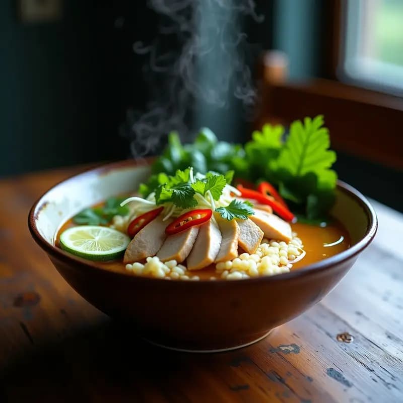 Bol de pho ga vietnamita keto con arroz de coliflor, filetes de pollo tierno, caldo dorado aromático, hojas de cilantro y menta fresca, brotes de soja y rodajas de limón kaffir. Plato colorido y saludable sobre fondo rústico de madera.