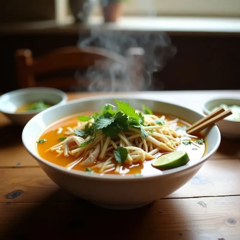 Bowl de pho ga vietnamita con caldo dorado transparente, fideos de arroz blancos, trozos de pollo desmenuzado, brotes de soja, cilantro fresco y rodajas de limón verde sobre fondo de madera rústica.