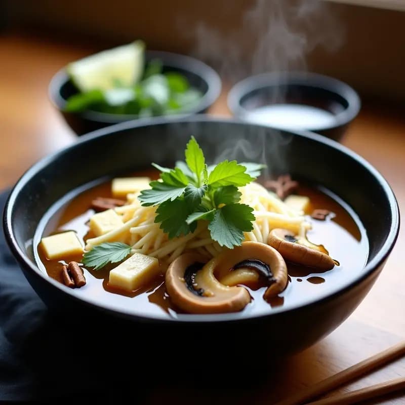 Cuenco hondo de cerámica negra con pho vegano de hongos ostra y tofu, fideos de arroz, brotes de soja, cilantro y menta fresca. Caldo dorado con aroma a estrella de anís, servido con rodaja de limón y salsa de soja al lado.
