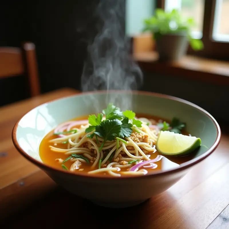 Cuenco hondo de cerámica blanca con Phở de pollo y fideos de calabacín, caldo dorado aromático, trozos de pechuga deshebrada, brotes de soja, cebolla morada en juliana y cilantro fresco. Plato vietnamita light y sin gluten.