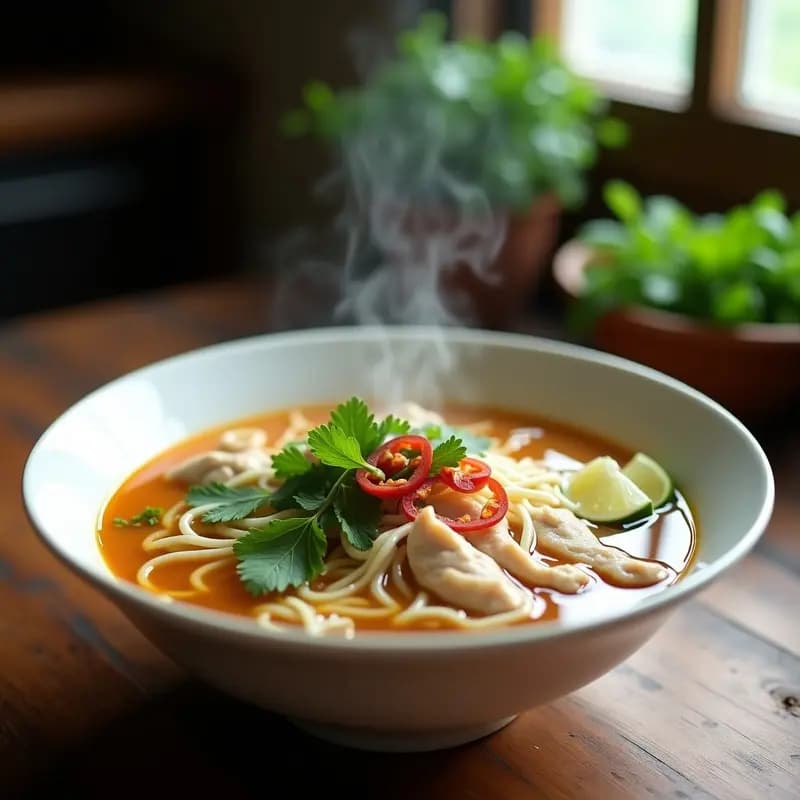 Cuenco hondo de cerámica blanca con phở de pollo low carb, fideos shirataki translúcidos, trozos de pechuga de pollo, brotes de soja, cilantro fresco y rodajas de chile rojo, sobre fondo de madera oscura con gajos de limón al lado.