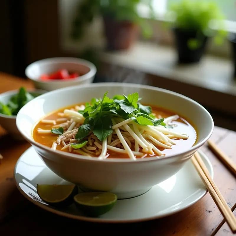 Bowl hondo de cerámica blanca con pho de pollo y hierbas aromáticas, fideos de arroz sumergidos en caldo dorado, trozos de pollo tierno, brotes de soja, hojas de cilantro y menta fresca, rodajas de lima y chile al lado. Receta vietnamita en olla lenta con toque casero.