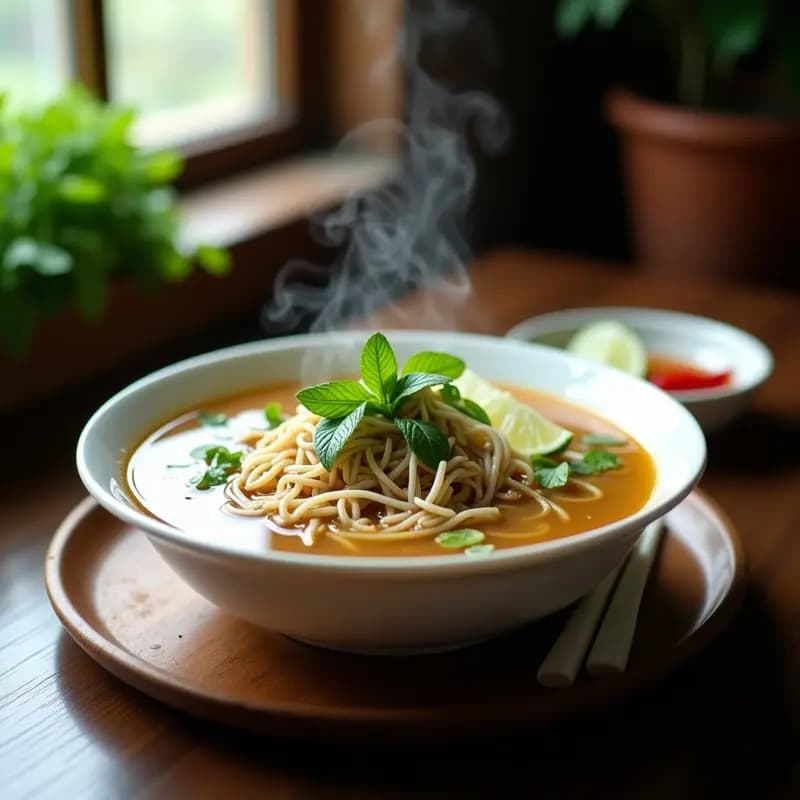 Cuenco hondo de cerámica blanca con pho de pollo y jengibre: caldo dorado transparente, fideos de arroz gruesos, tiras de pechuga de pollo al vapor, brotes de soja, hojas de cilantro vietnamita y menta fresca. Acompañado de rodajas de limón y chile rojo en un plato de madera rústica.