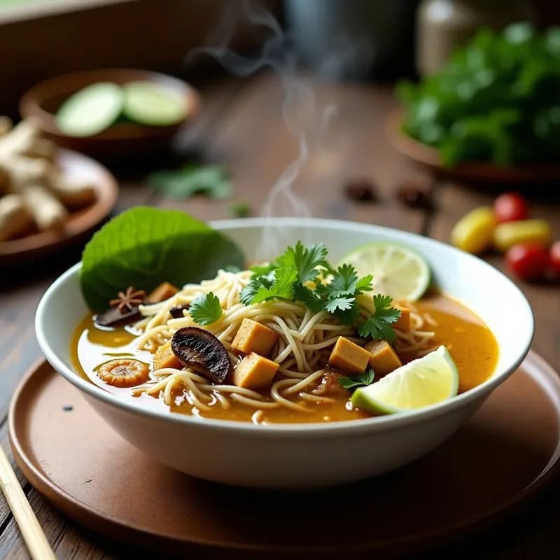 Cuenco hondo de cerámica blanca con pho vietnamita vegano: caldo dorado aromático con láminas de champiñones Portobello, cubos de tofu dorado, fideos de arroz, brotes de soja, cilantro fresco y rodajas de lime. Fondos de especias y hierbas verdes dispersas sobre mesa de madera rústica.