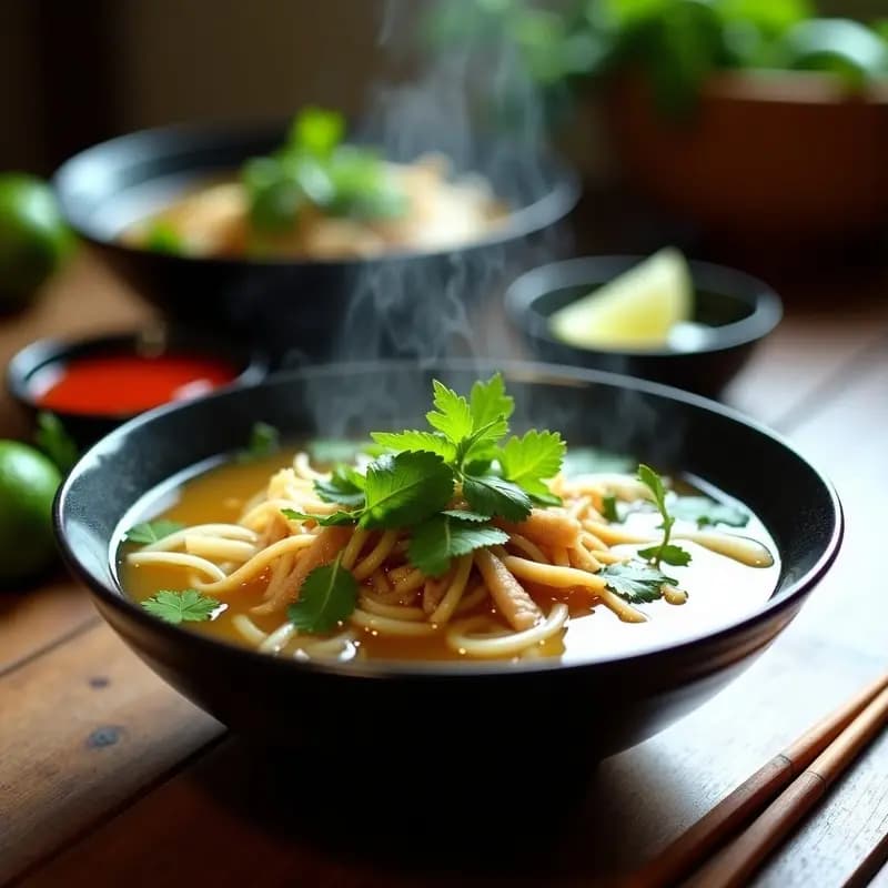 Cuenco hondo de cerámica blanca con Phở vegano: fideos de arroz, seitán dorado, rodajas de zanahoria y cebolla morada en un caldo aromático de jengibre y estrellas de anís, decorado con hierbas frescas como cilantro, menta y albahaca tailandesa, acompañado de gajos de limón.