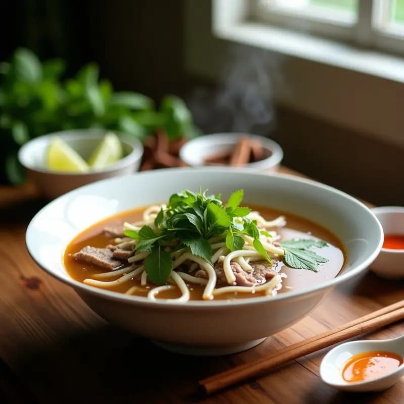 Cuenco hondo de cerámica blanca con Pho de Ternera depurativo: caldo dorado y transparente con fideos de arroz, trozos de ternera tierna, brotes de soja crujientes y hierbas frescas (cilantro, menta vietnamita y albahaca tailandesa). Acompañado de gajos de limón, salsa sriracha y aceite de sésamo en pequeños platos al lado. Fondo borroso con especias tostadas y utensilios de cocina vietnamita.