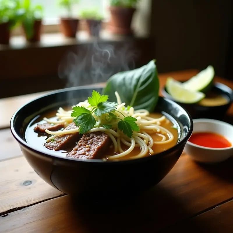 Bol hondo de cerámica blanca con pho de ternera y jengibre, caldo aromático dorado, fideos de arroz, rodajas de raíz de loto, brotes de soja, cilantro fresco y rodajas de limón. Receta vietnamita tradicional en olla lenta.