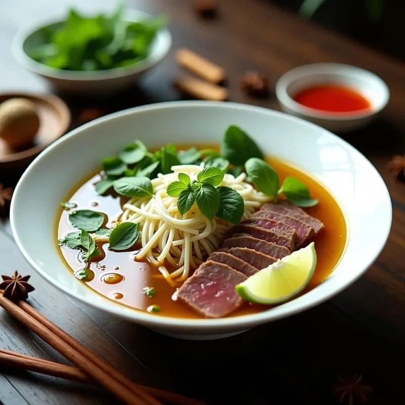 Cuenco hondo de cerámica blanca con pho de ternera con star anise y jengibre, fideos de arroz gruesos, láminas de ternera, brotes de soja, cilantro y menta fresca, acompañados de gajos de lima y rodajas de chile rojo sobre fondo de madera oscura.