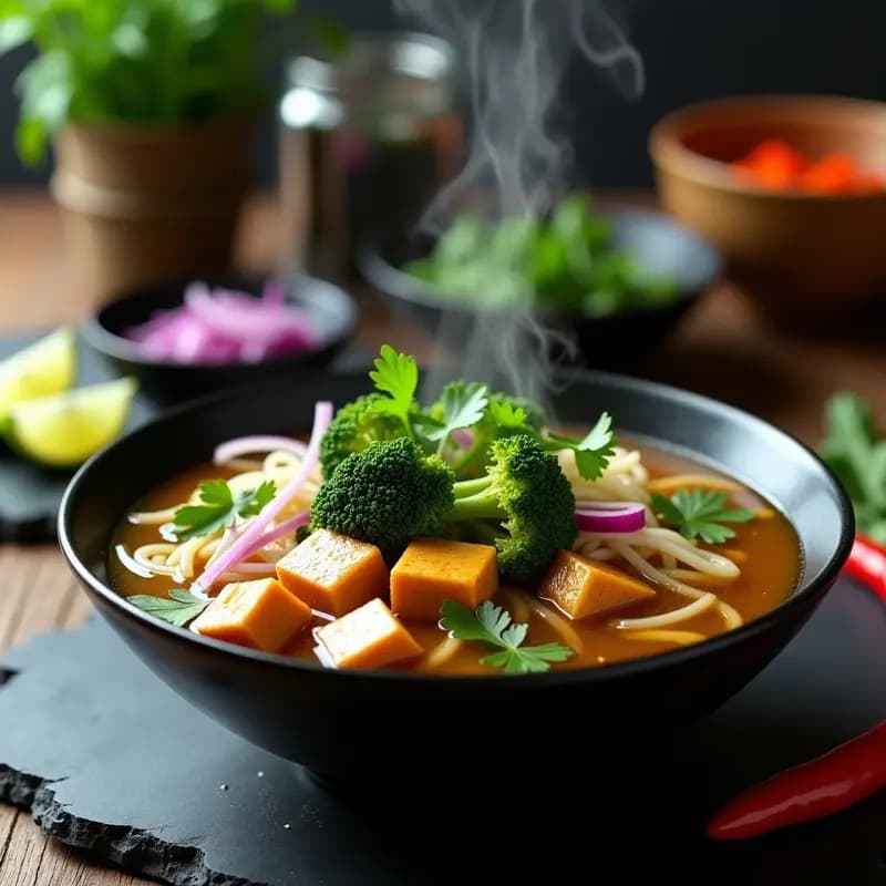 Cuenco negro de pho vegano con fideos de arroz, tofu dorado, brócoli verde brillante, cebolla morada y cilantro fresco, bañado en un caldo dorado aromático. Plato de sopa vietnamita depurativa con tofu y brócolis de jengibre.