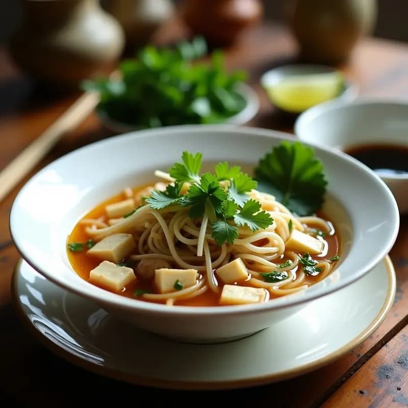 Cuenco hondo de cerámica blanca con pho vegano: fideos de arroz sumergidos en un caldo dorado aromático, tofu dorado en cubos, hongos shimeji salteados, brotes de soja, cilantro fresco y rodajas de limón verde. Fondos de hierbas frescas y especias vietnamitas.
