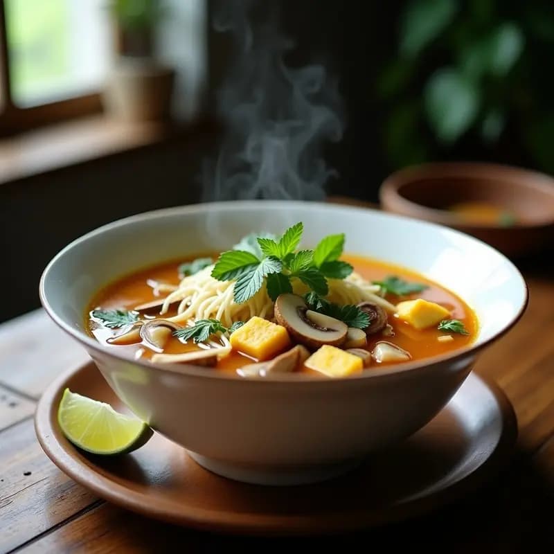 Cuenco hondo de cerámica negra con phở vegano: caldo dorado aromático con fideos de arroz, tofu dorado, setas shiitake en láminas, brotes de soja y cilantro fresco. Gajos de limón y hierba limón al lado, sobre fondo de madera rústica.