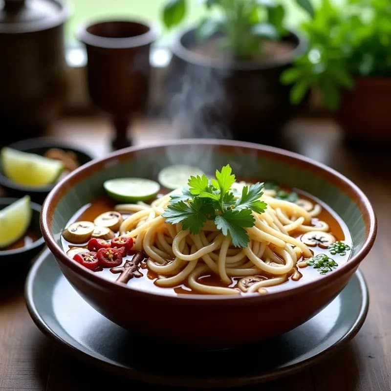 Cuenco hondo de pho vegano con caldo dorado aromático, fideos de arroz blancos, setas shiitake doradas, brotes de soja, cilantro fresco y rodajas de lima, receta vietnamita reconfortante.