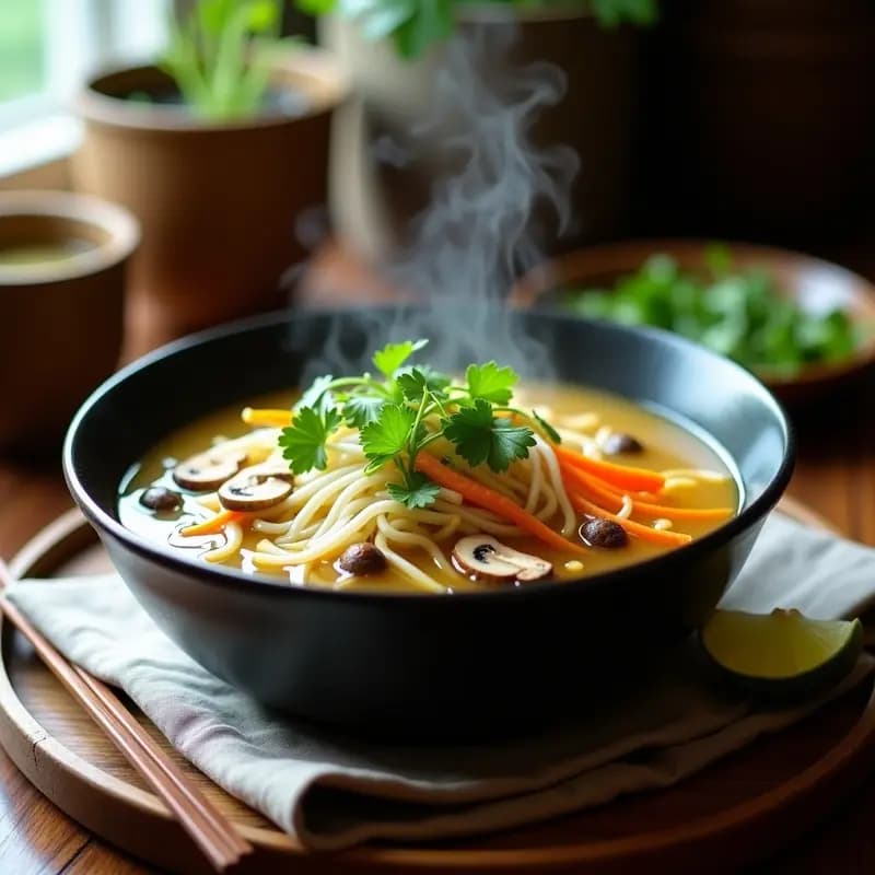 Cuenco hondo de cerámica blanca con phở vegano humeante: caldo dorado aromático con fideos de arroz integral, láminas de hongos shitake, brotes de soja frescos, cilantro picado y rodaja de limón. Plato tradicional vietnamita reconfortante y detox, servido sobre fondo de madera oscura con hierba limón y especias al lado.