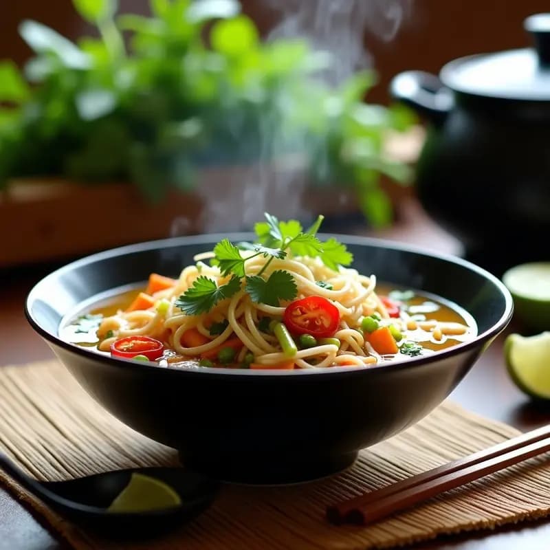 Cuenco hondo de cerámica negra con pho vegano de fideos de arroz y jackfruit desmenuzado, bañado en un caldo dorado y aromático. Acompañado de brotes de soja, cilantro fresco, gajos de lime y rodajas de chile rojo sobre un mantel de bambú. Receta vietnamita en olla lenta con toque umami.