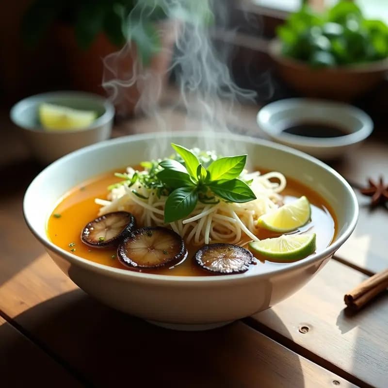 Cuenco hondo de porcelana blanca con pho vietnamita vegano: fideos de arroz cubiertos de caldo dorado, láminas de champiñones portobello, brotes de soja, albahaca fresca y rodajas de limón. Fondos de especias como estrella de anís y canela en rama alrededor.