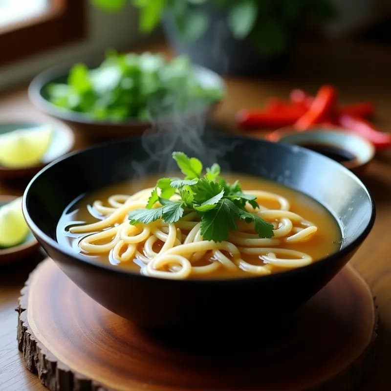Cuenco hondo de cerámica blanca con pho vegano: fideos de arroz gruesos cubiertos de caldo dorado, tiras de seitán dorado, brotes de bambú, cilantro fresco, rodajas de lime y hojas de menta. Plato tradicional vietnamita adaptado a versión vegana y sin lactosa, servido con palillos y cuchara de madera sobre fondo rústico.