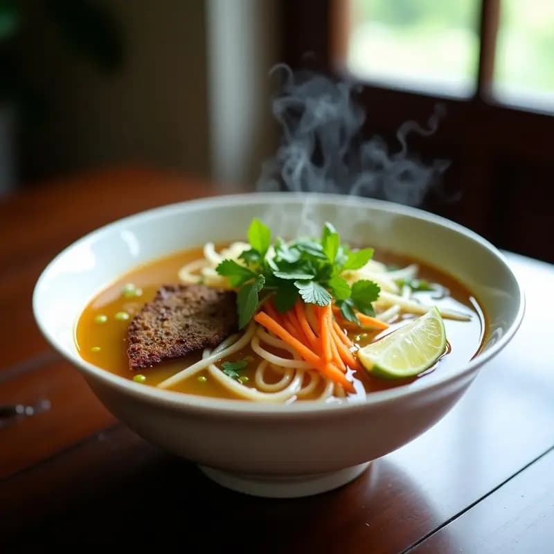 Cuenco hondo de cerámica blanca con phở vegano: fideos de arroz, seitán dorado en tiras, brotes de soja frescos, rodajas de cebolla morada, zanahoria, menta y cilantro. Caldo dorado especiado con anís estrellado y canela, acompañado de gajos de limón y chile jalapeño. Receta de sopa vietnamita sin gluten y alta en proteína.