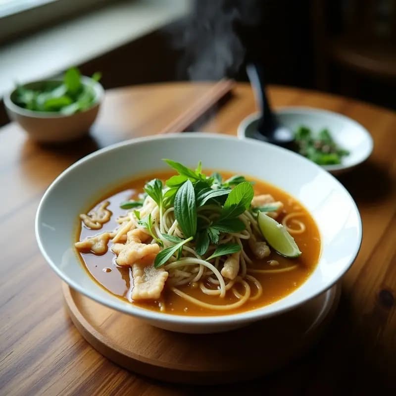 Cuenco hondo de cerámica blanca con pho vegano: caldo dorado humeante, fideos de arroz integrales, tiras de seitán dorado, brotes de soja, hojas de cilantro, menta vietnamita y albahaca tailandesa. Acompañado de gajos de limón y pimienta negra. Receta vietnamita reconfortante y sin gluten.