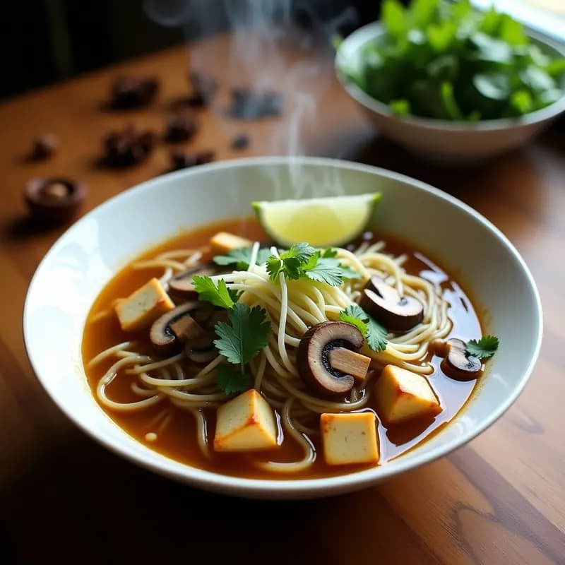 Cuenco hondo de cerámica blanca con pho vegano: caldo dorado aromático, fideos de arroz, setas shitake oscuras, tofu dorado, brotes de soja, cilantro fresco y rodajas de lima. Fondos de especias tostadas y hierbas verdes sobre una mesa de madera rústica.