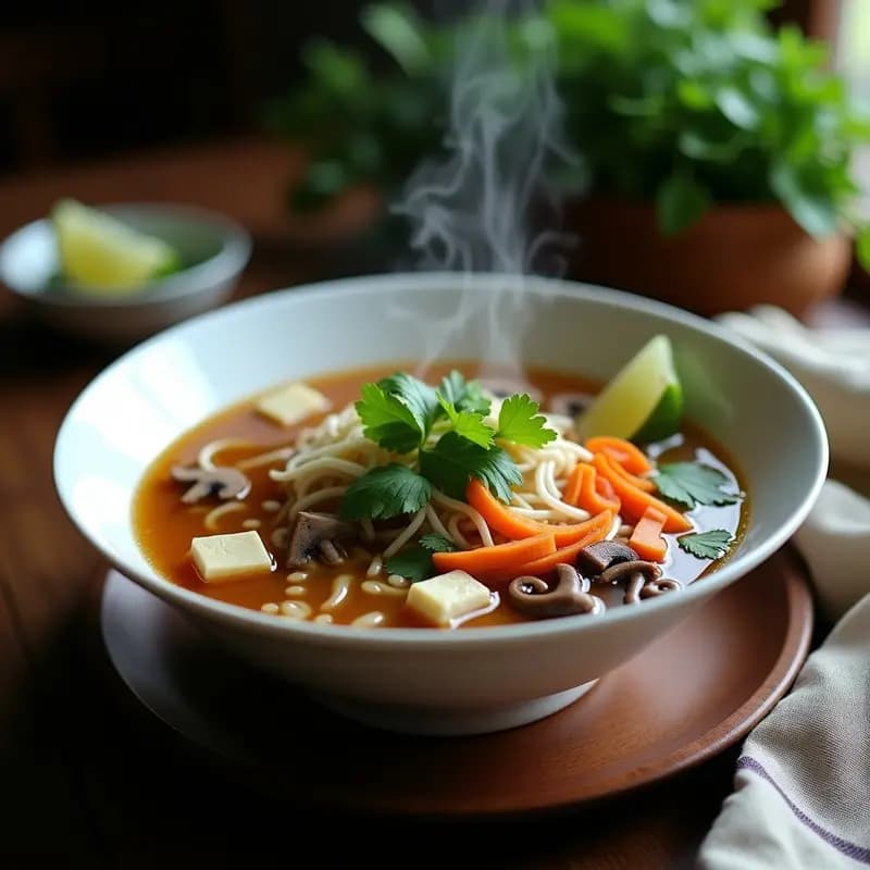 Cuenco hondo de cerámica blanca con Pho deRes Vegetariano: caldo dorado aromatizado con jengibre y anís estrellado, fideos de arroz integral, tofu ahumado, rodajas de zanahoria, brotes de soja, cilantro y menta fresca. Limón en gajos al lado.