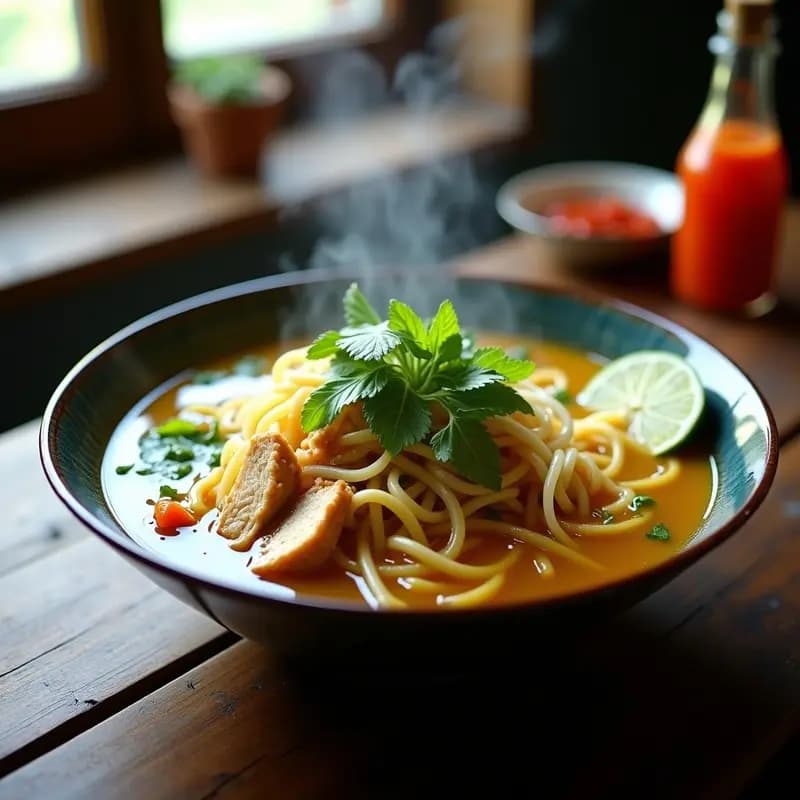 Bowl profundo de pho vietnamita keto con fideos de calabaza dorados, tiras de pollo jugoso, brotes de soja frescos, albahaca tailandesa y rodajas de limón. Caldo aromático con especias visibles al fondo.