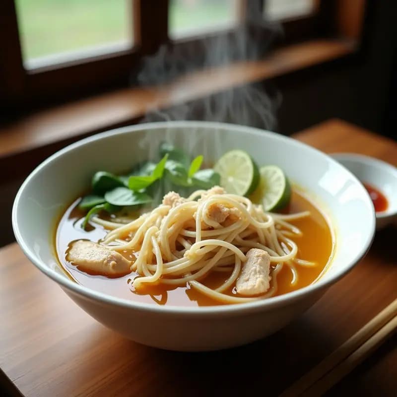 Cuenco hondo blanco con Pho Vietnamita de Pollo y Fideos de Arroz, caldo dorado y aromático, trozos de pollo tierno, fideos de arroz, brotes de soja, albahaca tailandesa y gajos de limón. Plato tradicional vietnamita servido sobre mesa de madera rústica con salsa sriracha al lado.