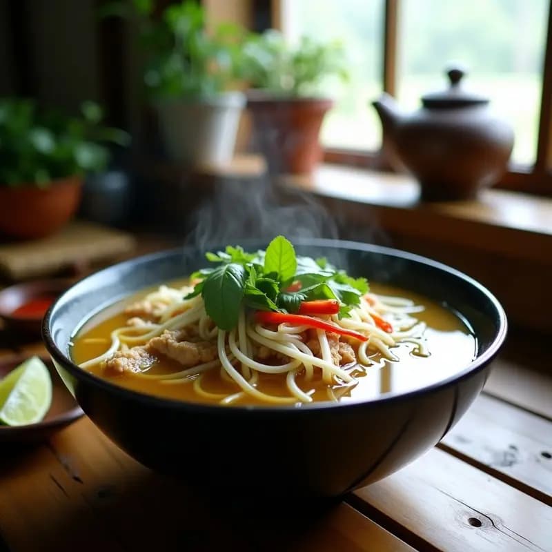 Cuenco hondo de cerámica blanca con pho vietnamita de pollo y jengibre en olla rápida, fideos de arroz sumergidos en caldo dorado, filetes de pollo, brotes de soja, rodajas de aguacate, cilantro fresco y menta. Gajos de limón al lado.